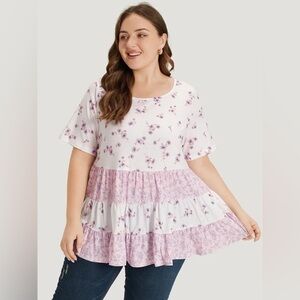 Ditsy Floral Contrast Ruffle Tiered T-shirt 3XL